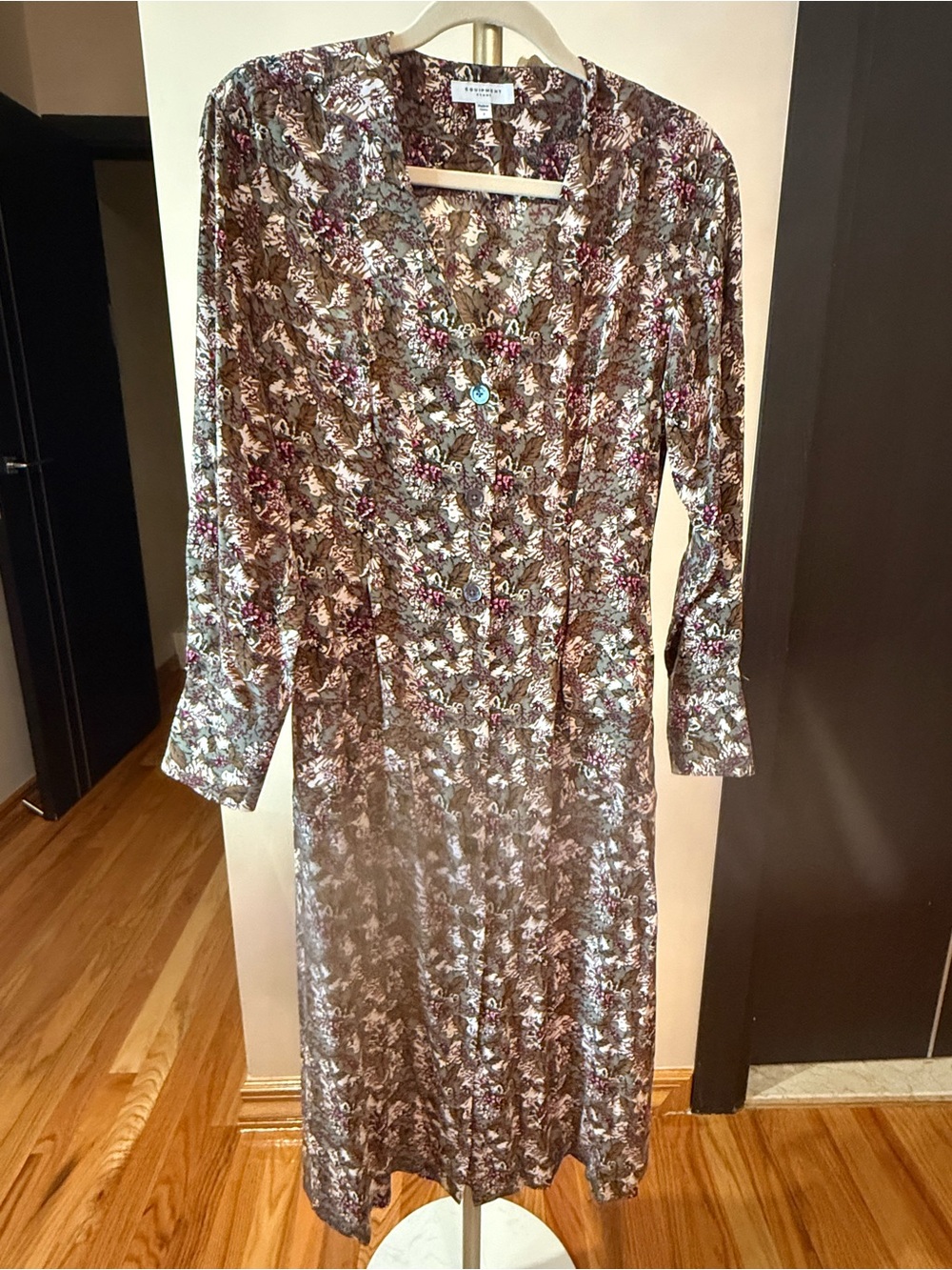 Equipment Olive & Burgundy Floral Button-Front Midi Dress